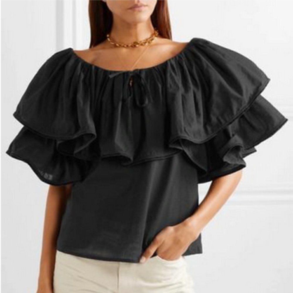 RHODE RESORT Blanca Off Shoulder Tiered Ruffle Top Cotton-Voile Neck Tie Black - Picture 3 of 12